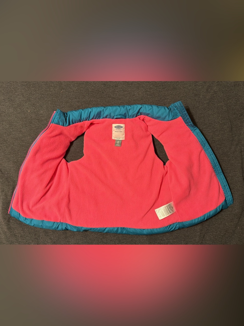 Old Navy Teal Puffer Vest Full Zip Pink Fleece Lined - Picture 2 of 8